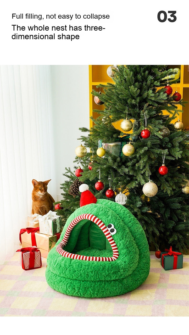 Nido Tipo Yurta para Gatos – Verde Navideño y Suave como la Nieve 🎄🎁🧹🐱