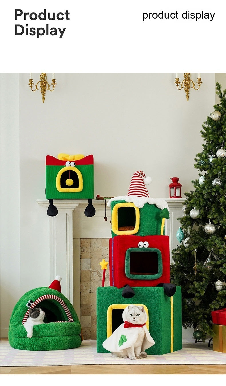 Nido Tipo Yurta para Gatos – Verde Navideño y Suave como la Nieve 🎄🎁🧹🐱