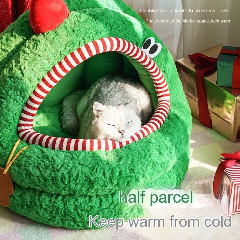 Nido Tipo Yurta para Gatos – Verde Navideño y Suave como la Nieve 🎄🎁🧹🐱