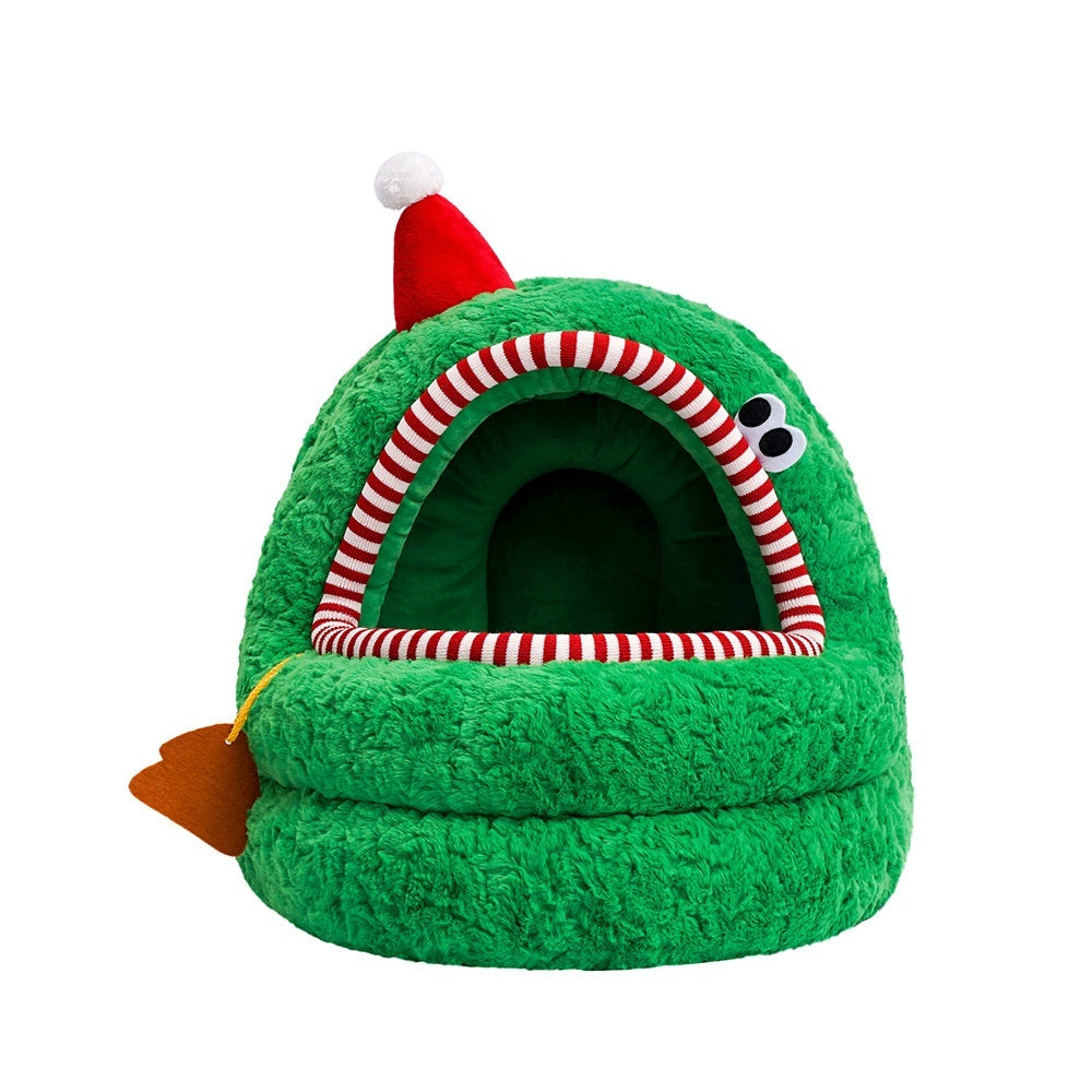 Nido Tipo Yurta para Gatos – Verde Navideño y Suave como la Nieve 🎄🎁🧹🐱