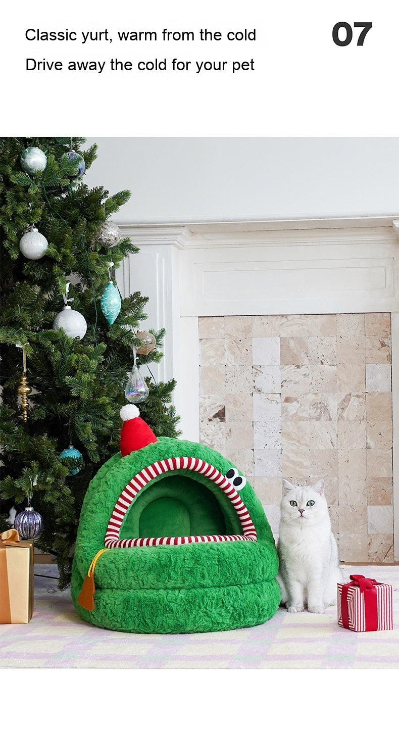 Nido Tipo Yurta para Gatos – Verde Navideño y Suave como la Nieve 🎄🎁🧹🐱