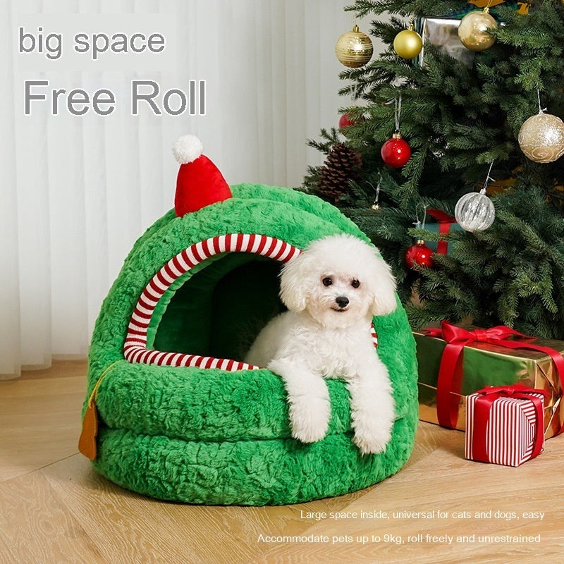 Nido Tipo Yurta para Gatos – Verde Navideño y Suave como la Nieve 🎄🎁🧹🐱