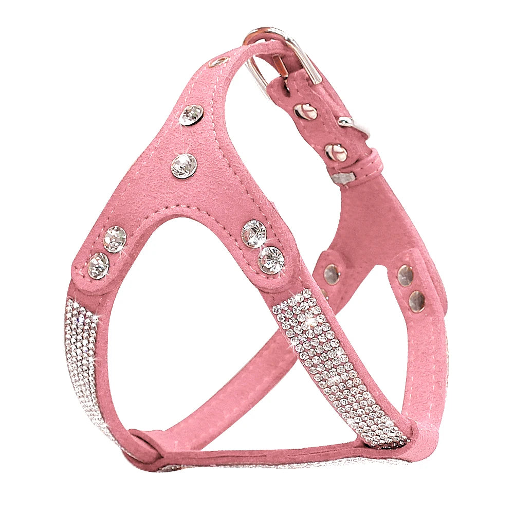 Rhinestone Puppy Harness Suede Leather Small Dogs Harness Bling Crystal Cat Dog Vest Adjustable For Chihuahua French Bulldog