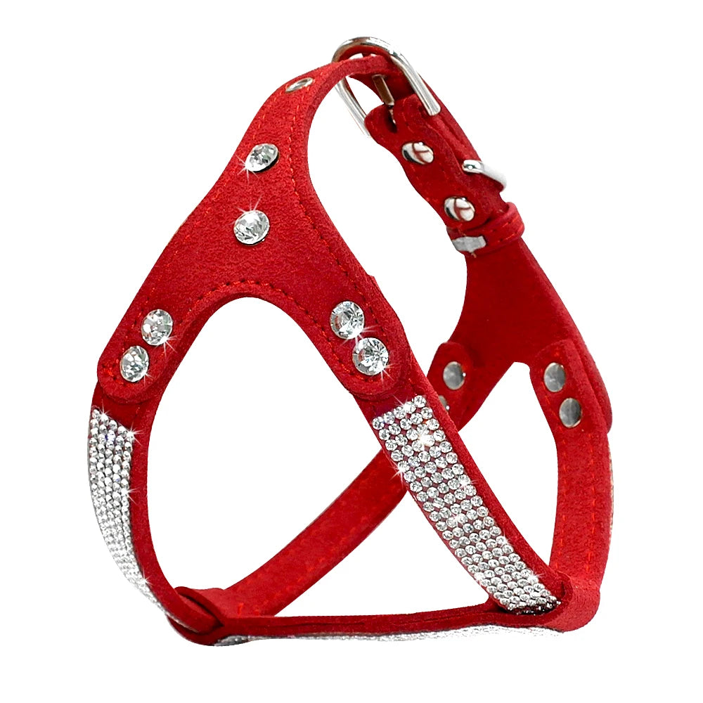 Rhinestone Puppy Harness Suede Leather Small Dogs Harness Bling Crystal Cat Dog Vest Adjustable For Chihuahua French Bulldog