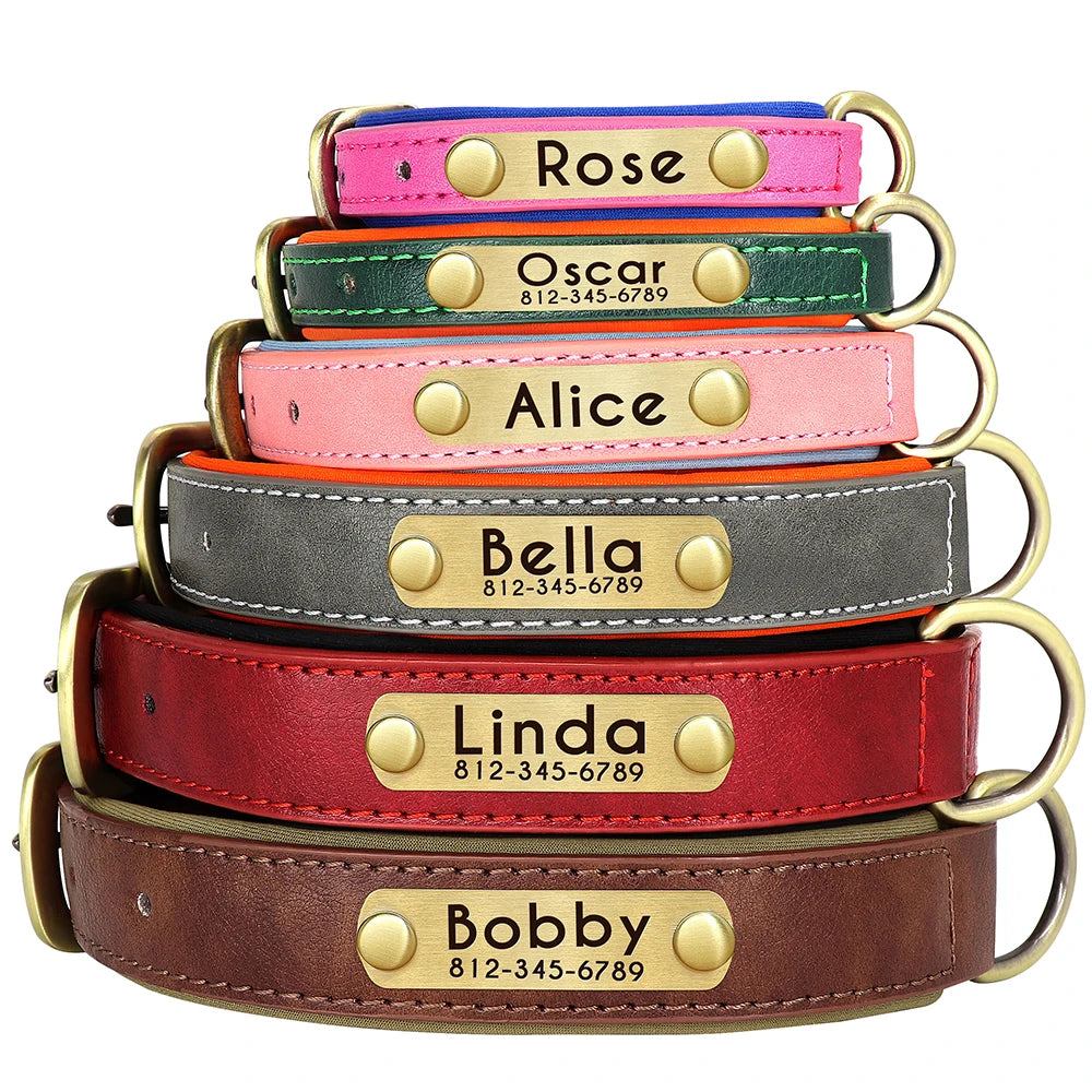 Collar personalizado de cuero PU con nombre grabado y acolchado suave. Para todas las razas