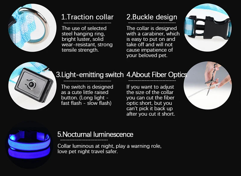 BOOTEELY Nylon LED Night Safety Flashing Glow In The Dark Dog Leash Dogs Luminous Fluorescent Pet Dog Collar