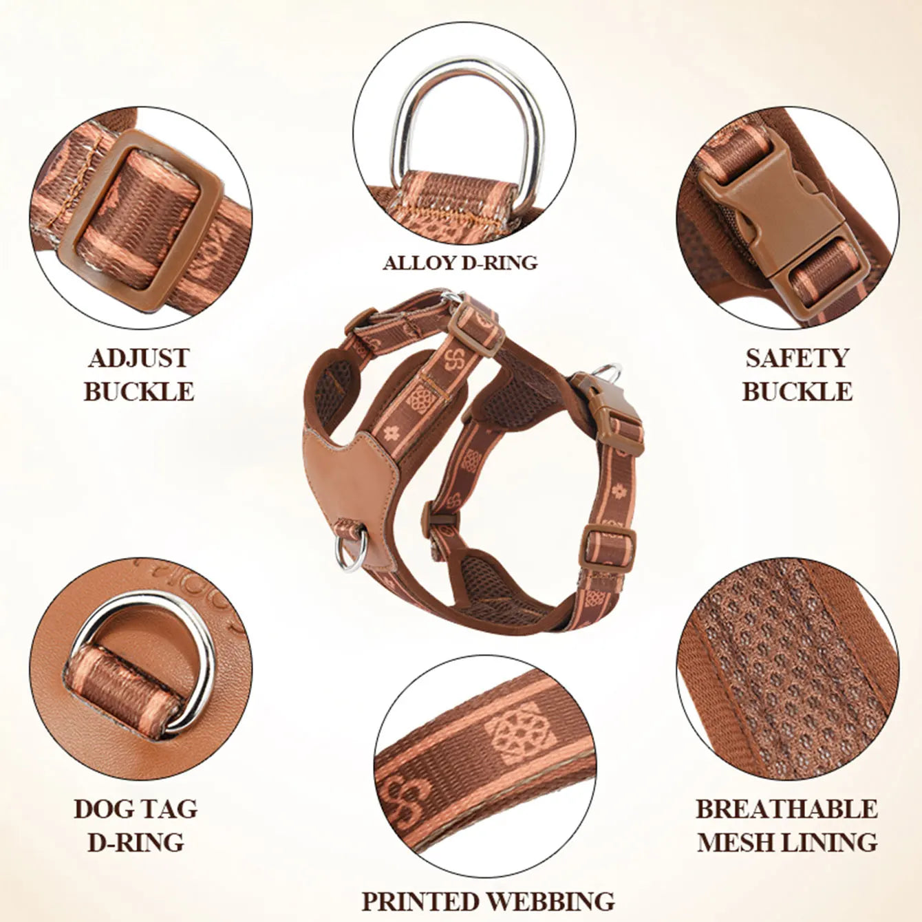 HP521-1--Classics Pet Dog Harness, Adjust with Durable Webbing, Anti-Deformation Alloy Ring, 4 Points Adjustable.