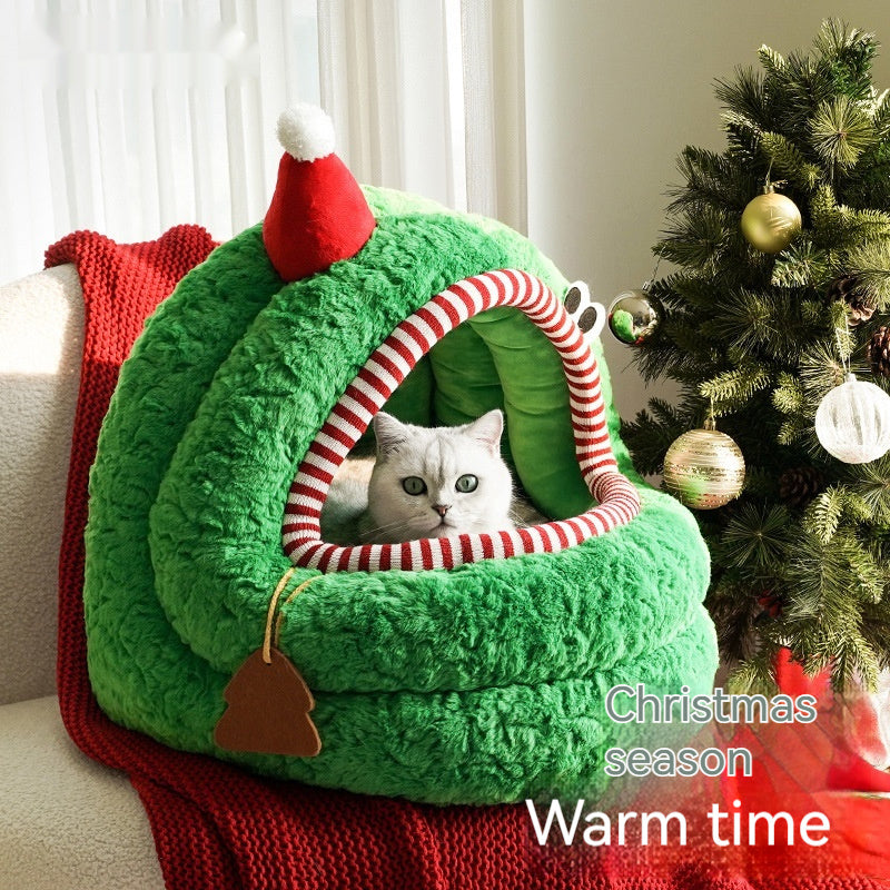 Nido Tipo Yurta para Gatos – Verde Navideño y Suave como la Nieve 🎄🎁🧹🐱