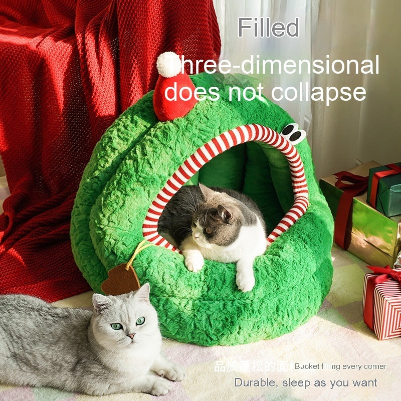 Nido Tipo Yurta para Gatos – Verde Navideño y Suave como la Nieve 🎄🎁🧹🐱